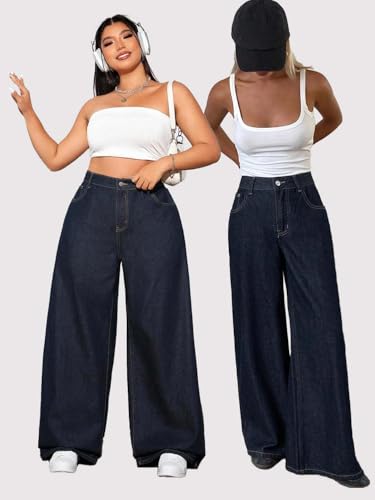 Image of KOTTY Women's High Waist Wide Leg Button Coin Pocket Straight Fit Jeans Stylish Regular to Plus Size Fit Denim Jeans for Women