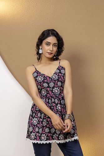 Image of Women's Printed Halter Neck Kurti Top | Sleeveless V-Neck Short Tunic with Back Tie-Up | Casual Ethnic & Summer Wear
