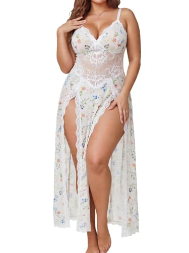 Image of Alrovetoney Plus Size Lingerie For Women Babydoll Sexy Mesh Maxi Nightdress Exotic Sleepwear Side Slits