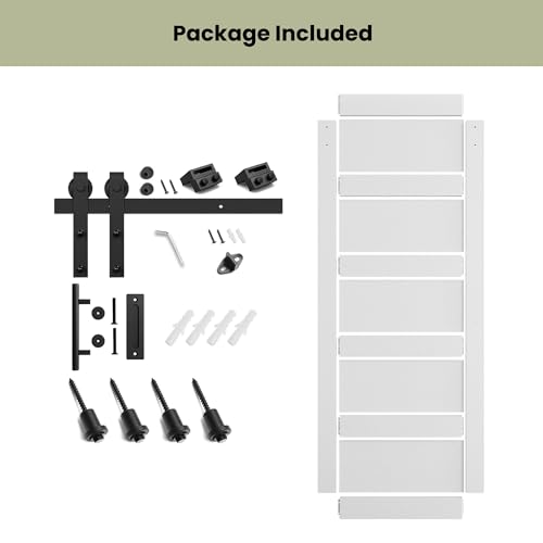 Image of SMARTSTANDARD 30in x 84in Sliding Barn Door with 5FT Hardware Track Kit | Waterproof PVC Surface, Pre-Drilled Holes Easy to Assemble, Solid, MDF, White, 5-Panel