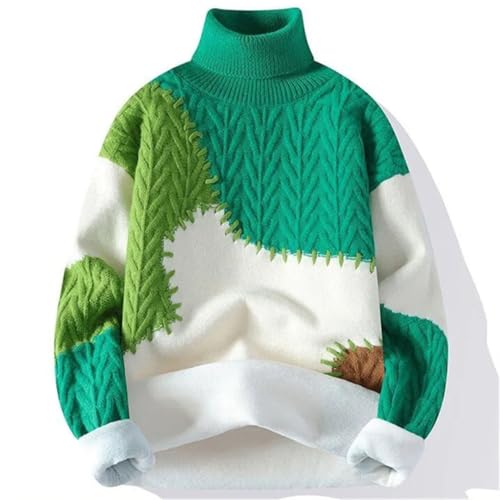 Men’S Fleece Knitted Turtleneck Pullover Sweater Warm Patchwork Loose Casual Streetwear Long Sleeve Jumper Top3