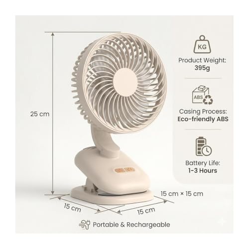 Ventilador de clip para escritorio blanco: frescura portátil recargable de 1800mAh 3