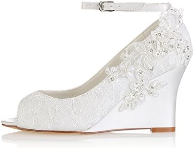 Emily Bridal 440-8-2 Women's Wedding Shoes Peep Toe 3.15 Inches Wedge Heel Satin Pumps with Imitation Pearl Ribbon Tie Sequin Lace Flower Bridal Shoes (EU41/9.5 B(M) US, Ivory) | Image 1
