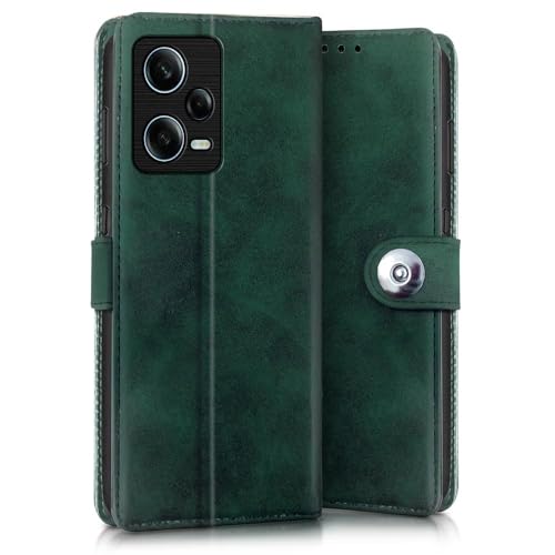 Image of WOW IMAGINE Shock Proof Flip Cover Back Case for Redmi Note 12 Pro 5G (Magnetic Button Flip Case | Wallet Pockets & Stand | Leather Finish | Forest Green)
