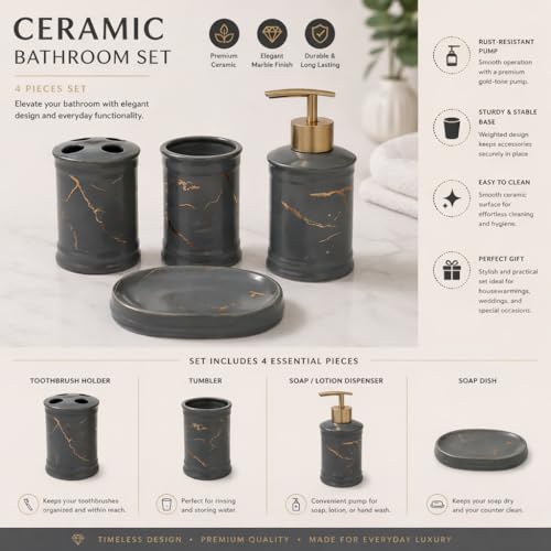 Image of Whizzo Ceramic Bathroom Set - Italian 4 Piece Bath Accessories Set with Soap Dispenser, Toothbrush Holder, Tumbler & Soap Dish - Modern & Designer Decor for Home & Guest Bathrooms (BS-822-GREY)