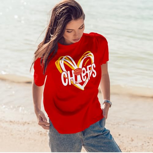 Football T-Shirt Women Game Day Shirts Football Team Fans Pullover Shirt Heart Graphic Short Sleeve Tops4