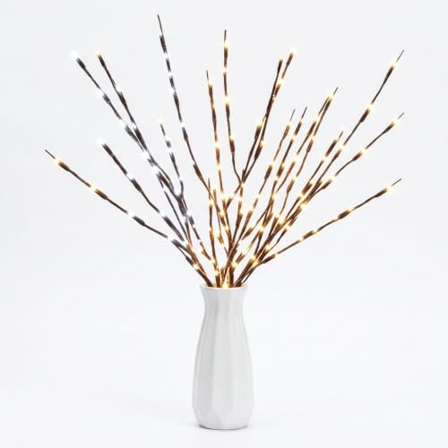 Image of DK177 2Pack Warmlight + 2Pack Whitelight Led Branch Light Battery Operated Lighted Branch Vase Filler Willow Tree Artificial Little Twig Power Brown 30 Inch 20 LED for Home Decoration