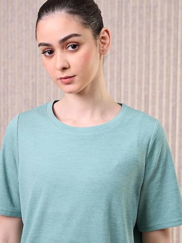 Image of TECHNOSPORT Women Relaxed Fit Cubic Melange Round Neck T-Shirt | Quick Dry Polyester Casual Tee with UPF 50+ UV Protection, Anti-Microbial & Double Cool Technology