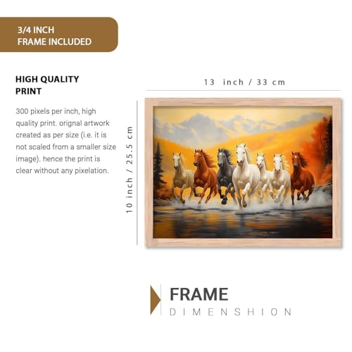 Image of HOTHOUSE Seven Running Vastu Lucky Horse Rising Sun Painting Wall Decor | 7 Horses Vastu Frame Wall Art Painting for Living Room Bedroom Office Home Decor Size (10X13 inch)