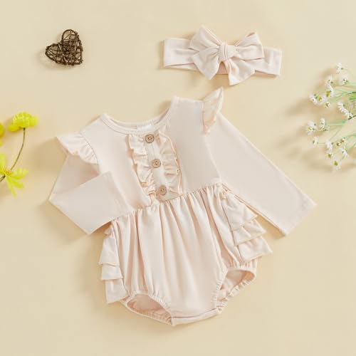 Newborn Baby Girl Outfit Ruffle Bubble Romper Long Sleeve Infant Bodysuit Jumpsuit with Headband Clothes3
