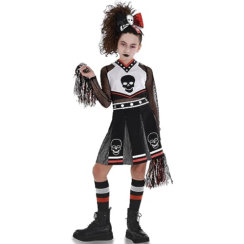 Black & White Polyester Fear Squad Cheerleader Costume Set - Small-Medium (4-6) - Includes Bow, Socks, and Pom-Pom, Ideal for Halloween costume parties, dress-up, role-playing, and any other occasion