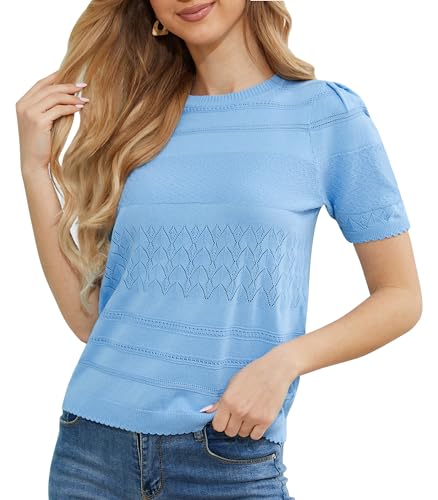 Image of 2024 Summer Women's Short Sleeve Kint Top Crew Neck Casual Ribbed Sweater Loose Textured Pullover Sweaters Tops
