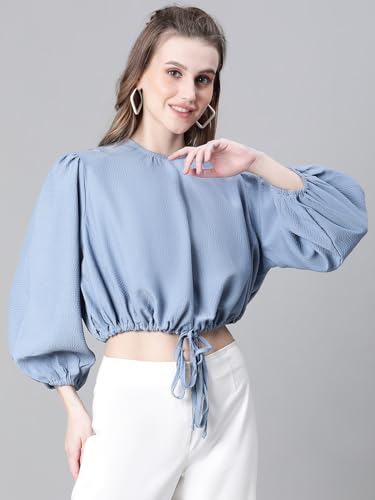 Image of oxolloxo Women Animal Print Round Neck Long Sleeve Elasticated Tie-Up Crop Top