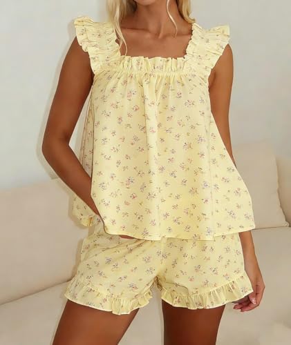 Image of ROAONOCOMO Women Floral Pajama Set Ruffle Babydoll Cami Top Coquette Pj Set Gingham 2 Piece Shorts Outfit Bridal Loungewear
