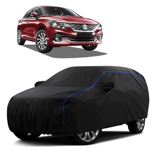 Image of Sulfar 100% Water Resistant Car Body Cover Compatible with Mirror for Maruti Suzuki Baleno (Triple Stitched, Full Bottom Elastic, Black Tafetta with Blue Piping)