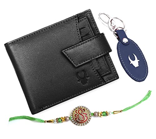 Image of WildHorn Rakhi Gift Hamper for Brother - Classic Men's Combo /Gift Set of Leather Wallet, Keyring and Rakhi for Brother (Obsidian Black)