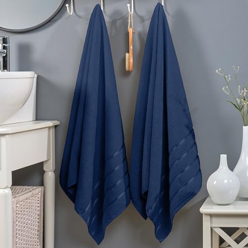 Image of Elegant Comfort 100% Turkish Cotton 4 Lines Viscose Stripe Luxury 2 Pack Bath Towel Set 27 x 54 Inch - Super Soft and Highly Absorbent Premium Hotel Spa Quality Towels for Bathroom Use, Navy Blue