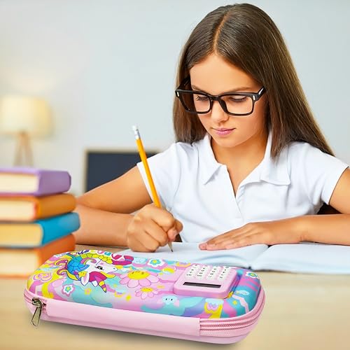 Image of VGRASSP Stationery Pencil Pouch for Kids with Mini Calculator - Unicorn Theme Zipper Case with Multi Storage Compartments - School Supplies Organizer - Multicolor
