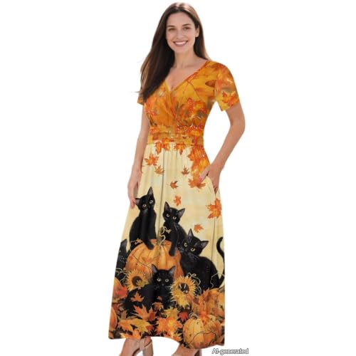 Image of Women's Fall Summer Short Sleeve Ankle Length V-Neck Party Dress with Pockets Size S-3XL
