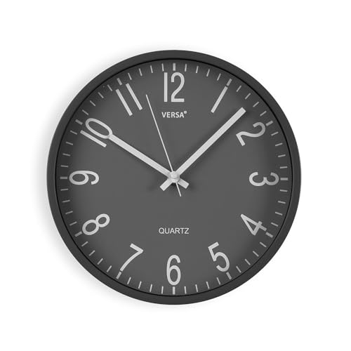 Versa Raven Reloj de Pared Nuevo Mecanismo Y Calidad Mejorada silencioso y Decorativo, para Cocina, Salón o Comedor - Fácil de Leer, Medidas (Al x L x An) 25 x 4,3 x 25 cm, Polipropileno, Color Gris