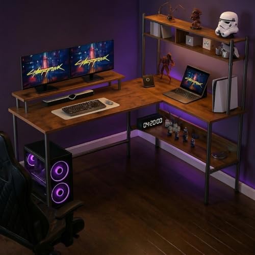 Image of TEKAVO Tonny L Shape Table for Home Office, Computer Table for Home Pc, L Shaped Office Table, Gaming Work Desk | with Book Shelf + Monitor Riser, Brown Wood, Metal (124 x 48 x 75 Cm) | DIY