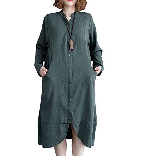 ellazhu Women Loose Button Down Casual Blouse Dress with Pocket GA1322 Green