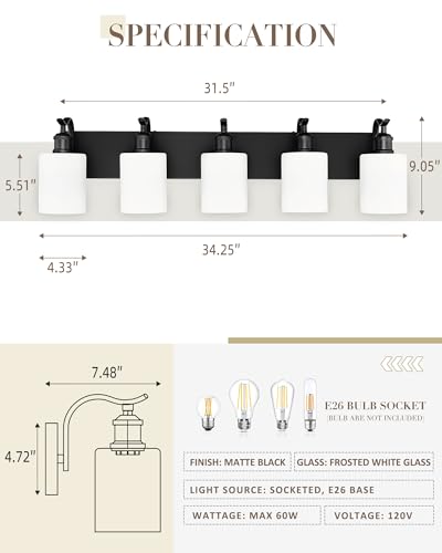 Image of 5 Light Bathroom Vanity Light, Morden Black Vanity Light Bathroom Lighting Fixtures Over Mirror Black Wall Sconces with Milky White Frosted Shade ZCVL01BKW-5