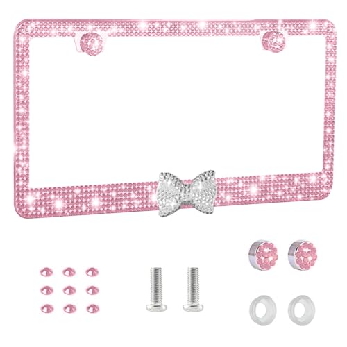 Heqxwl Bling License Plate Frame for Women - Sparkly Diamond Car Tag Cover with Rhinestone Crystals & Gift Bow, Stainless Steel Sparkly Car Accessories for Her (Pink+White Bow)