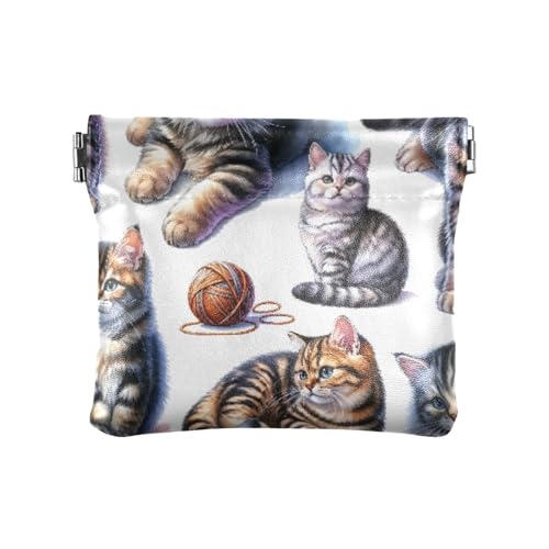 Cute Cat Watercolor Coin Purse Leather Pouch Change Purse, Squeeze Coin Pouch for Cards, Keys & Lipsticks, Unisex