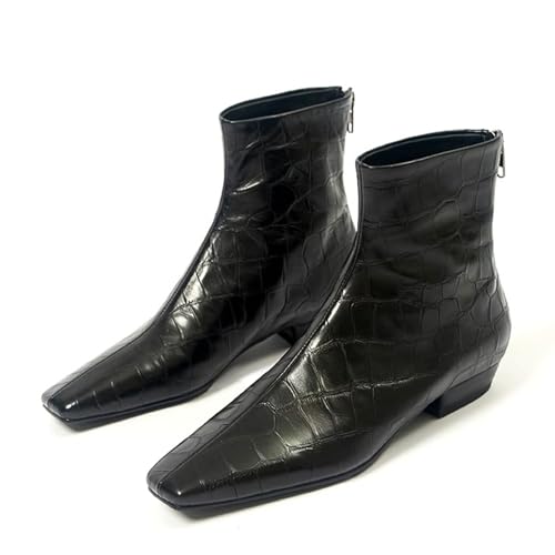 LEMUTISME Women's Stylish Square Toe Matte Leather/Suede/Animal Pattern Comfort Casual Low Flat Heel Dress Chelsea Ankle Booties2