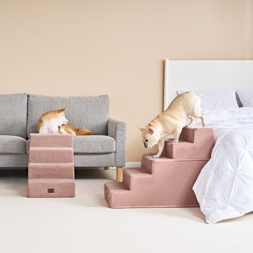Image of EHEYCIGA Dog Stairs for Bed 25 inch H, 5-Step Extra Wide Dog Steps for High Bed, Pet Steps for Small Dogs and Cats, Non-Slip Balanced Pet Ramp Indoor, Pink
