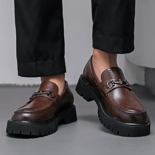 Image of Mens Patent Leather Slip-On Platform Dress Horsebit Loafer Low Heels Round Toe Non-Slip Penny Shoes for Formal Business Wedding