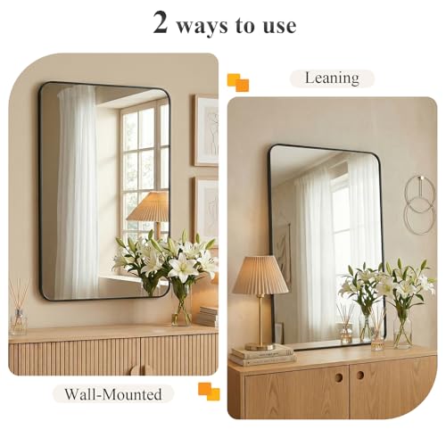 Image of Sweetcrispy Bathroom Mirror for Over Sink, 30x40 Inch Wall Mount Mirror with a Rounded Rectangle and Matte Metal Frame, Modern Wall Vanity Mirrors for Home Decor, Living Room, Bedroom, Black