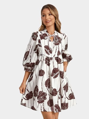 Image of EZAPINE Women Floral Babydoll Mini Dress V Neck 3 /4 Puff Sleeves A Line Flowy Swing Summer Sun Dresses