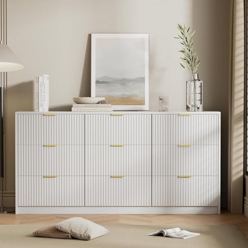 Image of Furniway 9 Drawer White Dresser for Bedroom, 63 inch Modern Fluted Dresser with Gold Handles and Smooth Slides, Wide Chest of Drawers for Closet, Living Room, Hallway