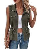 Verdusa Women's Collared Zipper Jackets Drawstring Sleeveless Casual Vest Top Army Green Small