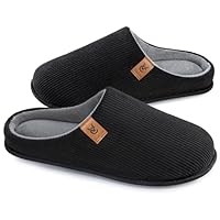 VeraCosy Men's Corduroy Slip-on Slippers Cozy Non-Slip Memory Foam Indoor House Shoes with Coral Fleece Lining Dark Black,11-12 US