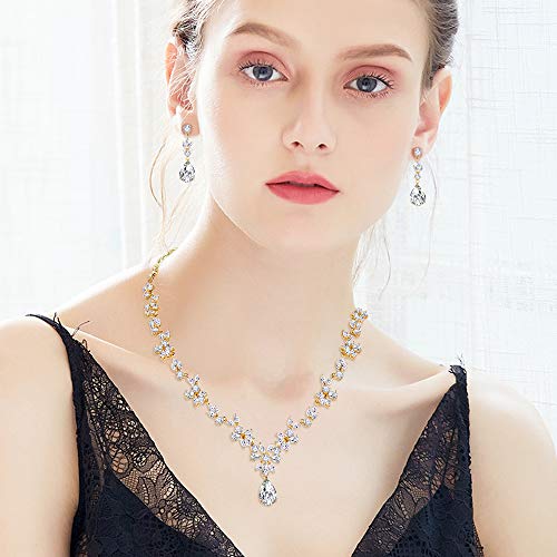 Hadskiss Jewelry Set For Women, Necklace Dangle Earrings Bracelet Set With White Cubic Zirconia, 18K Gold Plated Wedding Party Jewelry For Bridal Bridesmaid #TOP3