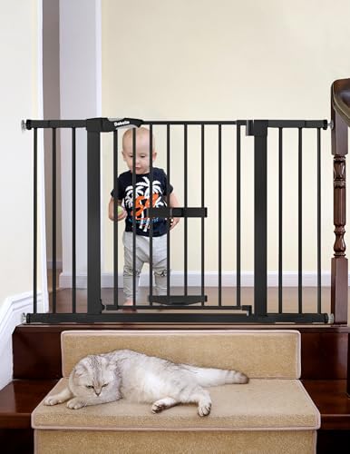 Image of BABELIO 29-48" Extra Wide Baby Gate with Cat Door, Auto Close Metal Pet Door for Stairs, Doorways, House, Pressure/Hardware Mounted, Easy Walk Thru, Black