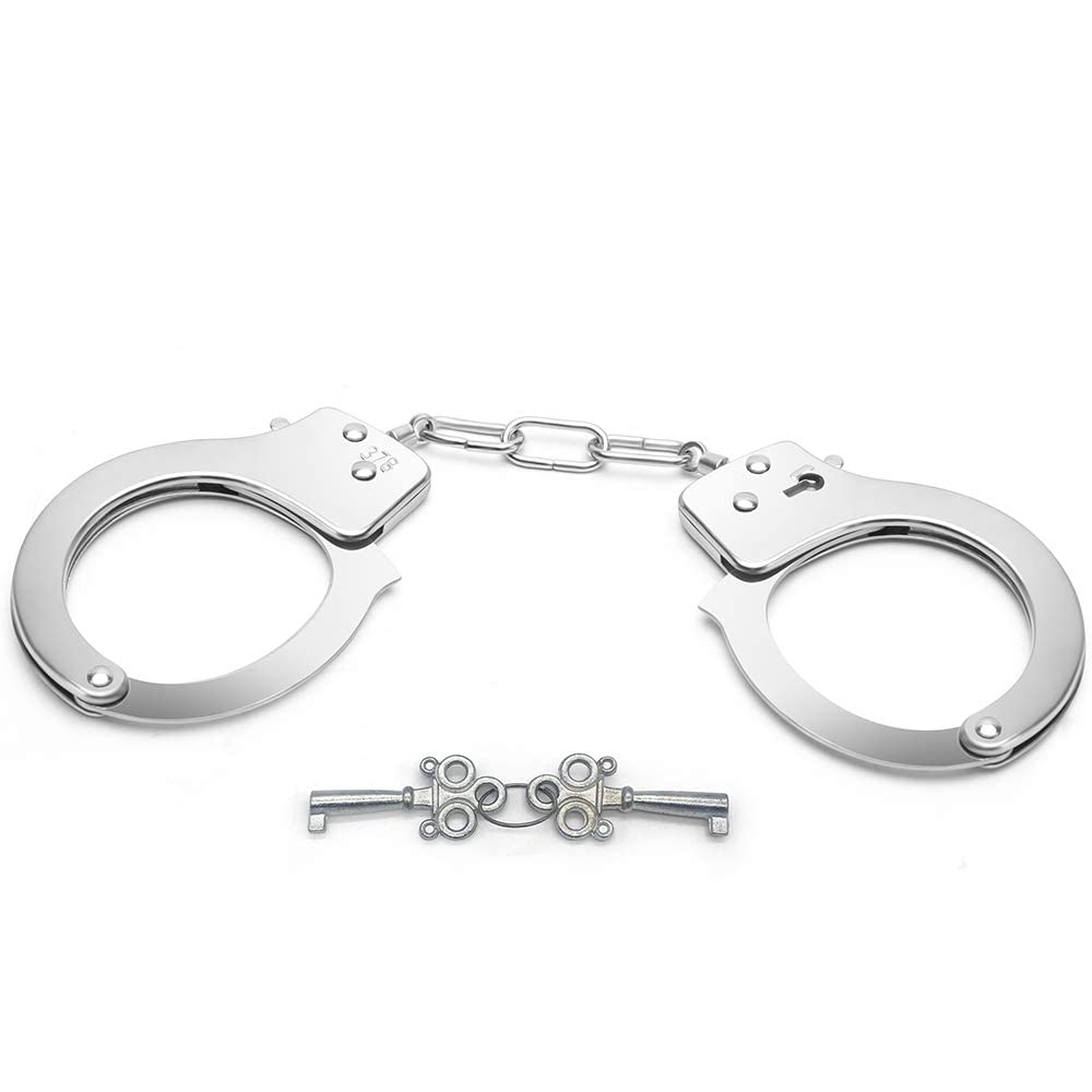 Metal Handcuffs with Keys for Cosplay Police, silver Handcuffs Prop Dress Ball Party Cosplay for Kids (silver, L)