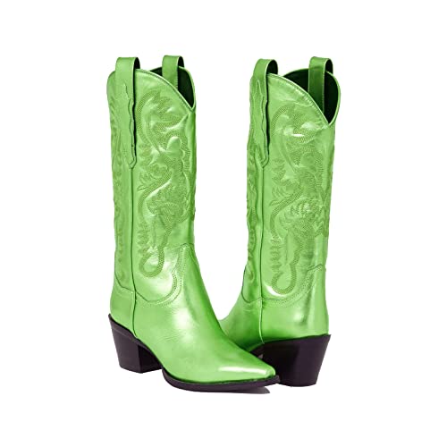 keleimusi Women's Embroidered Metallic Cowboy Boots Western Wide Calf Cowgirl Boots Pull-On Pointed Toe Mid Heel Retro Fashion Boots3
