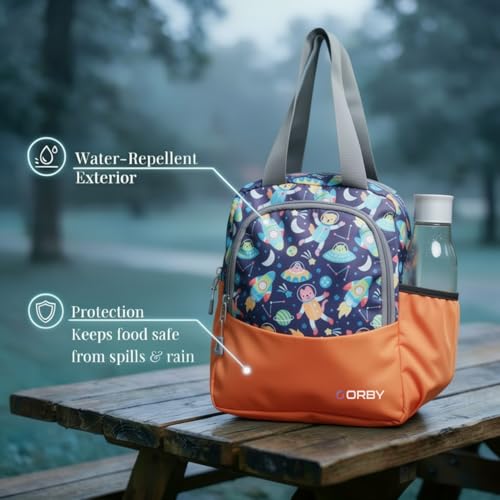 Image of ORBY Lunch Bag Galaxy Spaceship Orange | Water-Repellent Durable Fabric | Tiffin Bag with Bottle Holder & Front Pocket | Strong Zipper & Spacious Meal Storage (Spaceship Pattern, Orange)