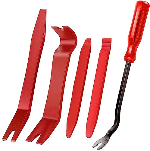 Car Trim Removal Pry Tool Kit Panel Door Pry Dash Interior Clip Set Plastic Car Dash Radio Audio Installer Anti Scratch Dismantle Kits (5, Red)