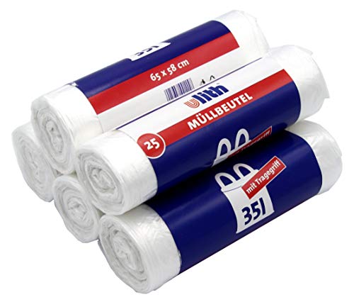 125 Müllbeutel/Mülltüten mit Tragegriff, 35 Liter, 25 Stück pro Rolle, Reißfest & Flüssigkeitsdicht, Produkt & Verpackung recyclebar (5er Pack) Cover