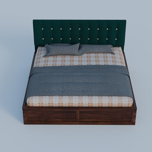 Image of Sheesham Wood Queen Size Bed With Storage Box | Upholstered Beds | Platform Cot With Cushioned Headboard | Double Bed For Home | Recommended Mattress 78x60 Inch | Bottle Green & Walnut Finish