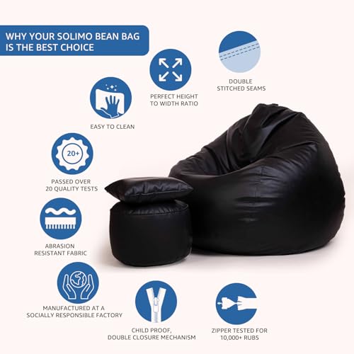 Image of Amazon Brand - Solimo 4XL Premium Faux Leather Bean Bag with Footstool & Cushion Combo for Living Room | Bean Bag Filled with Beans | Capacity Upto 6'5 inch Height & 125 Kg Weight | (Black)