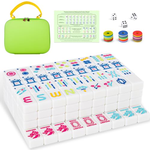 American Mahjong Tile Set Equipped with Mahjong Bag, 166 Quality White Engraved Tiles, 1.2 inch Mahjong Tiles Set with Carrying Bag/Dice/Chips, Creative Design Patterns, Ideal Mahjong Gifts (No Rack)