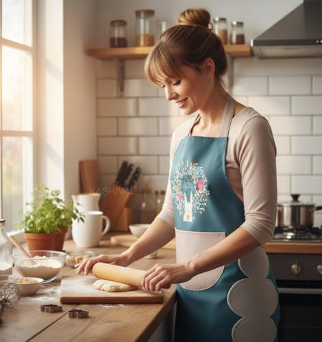 Image of KASHIVAL Waterproof Kitchen Apron for Women with Big Front Pocket & Integrated Hand-Wiping Towel, Oil-Proof Cooking Apron for Baking & Grilling, Stain-Resistant Multi Design