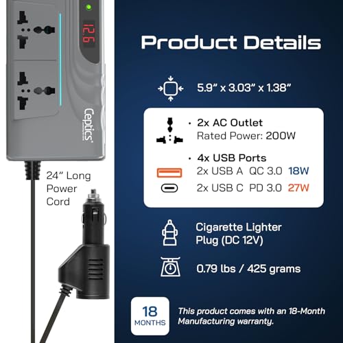 Image of Ceptics 200W Car Laptop Charger, 2 USB-A (3.1A Max) + 2 USB-C (PD 27W) Ports, SmartVoltage Technology, Upgraded Cigarette Lighter Plug, 12V DC to 220V AC, 2X Universal AC Outlet, 18 Months Warranty