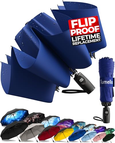TUMELLA Flip-proof Inverted Travel Umbrella, Small Strong but Light Portable and Automatic Reverse Folding Rain Umbrella, Durable Premium Grip, Fits Car & Backpack